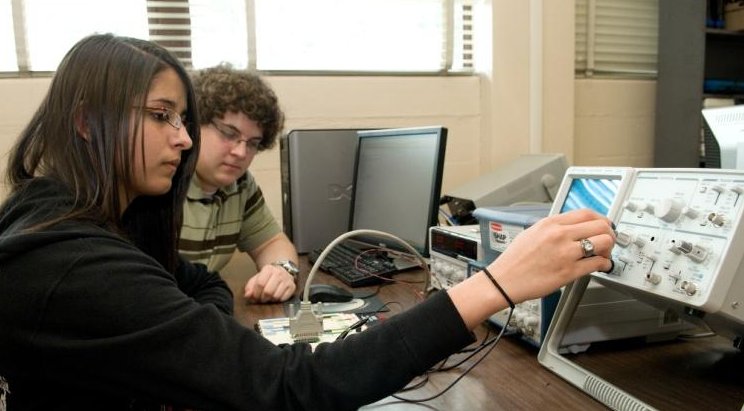 Students working in microprocessor lab.